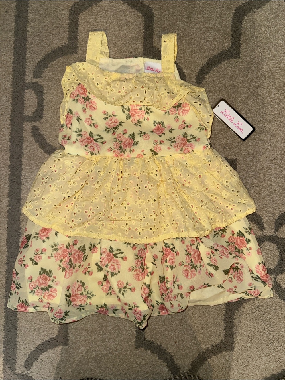 Little Lass Pale Yellow Eyelet Dress with Pink Accents